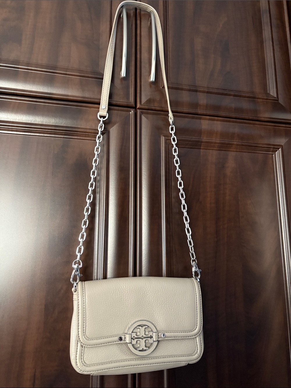 Women's Beige Leather Chain Shoulder Bag- Tory Burch